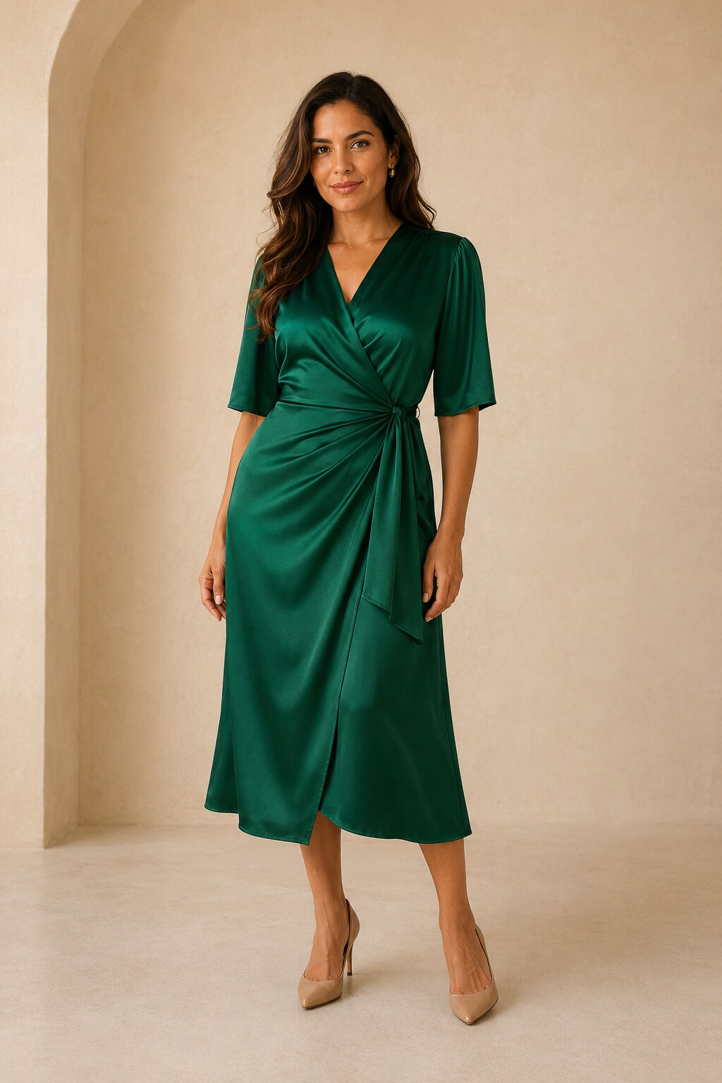 Mujer adulta luciendo un vestido verde esmeralda cruzado